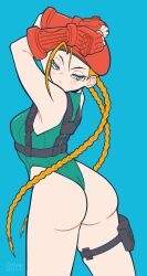 Rule 34 | 1girl, absurdres, armpit peek, arms up, artist name, ass, beret, blonde hair, braid, breasts, cammy white, capcom, come hither, fingerless gloves, gloves, green eyes, half-closed eyes, hat, highres, huge ass, legs, leotard, looking back, medium breasts, solo, street fighter, thighs, thong leotard, tunacan olive, twin braids