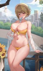 Rule 34 | 1girl, areola slip, bikini, bikini pull, blue sky, bra, bra pull, breasts, building, chromatic aberration, cleavage, clothes pull, flower, flower ornament, food, food in mouth, front-tie bikini top, front-tie top, hair ornament, handrail, hat, how to raise a harem, large breasts, legs together, lens flare, light brown hair, manling, popsicle, popsicle in mouth, pubic hair, pubic hair peek, red eyes, see-through, see-through shawl, shawl, side-tie bikini bottom, skindentation, sky, skyscraper, solo, standing, string bikini, sunflower, swimsuit, tagme, teruterubouzu, underwear, uru game, yellow bikini