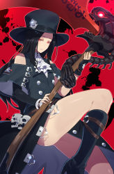 Rule 34 | 1boy, absurdres, androgynous, ass, bare shoulders, black gloves, black hair, boots, fingerless gloves, gloves, grin, guilty gear, guilty gear strive, hat, high heels, highres, holding, holding staff, long hair, looking at viewer, matsumoto tomoyohi, red eyes, smile, staff, testament (guilty gear), top hat, trap