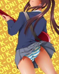 Rule 34 | 1girl, black hair, dr rex, guitar, head out of frame, instrument, k-on!, long hair, looking back, nakano azusa, panties, school uniform, solo, striped clothes, striped panties, text focus, twintails, underwear