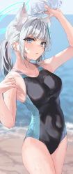 Rule 34 | 1girl, absurdres, animal ear fluff, animal ears, bare shoulders, black one-piece swimsuit, blue archive, blue eyes, blue one-piece swimsuit, blush, breasts, collarbone, covered navel, cross hair ornament, extra ears, grey hair, hair ornament, halo, highres, looking at viewer, medium breasts, medium hair, one-piece swimsuit, open mouth, shiroko (blue archive), shiroko (swimsuit) (blue archive), solo, swimsuit, temir, thighs, two-tone swimsuit, wolf ears