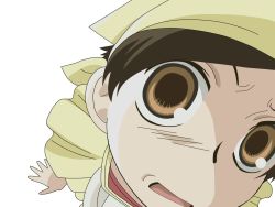 Rule 34 | 00s, 1girl, bandana, brown eyes, brown hair, close-up, from above, fujioka haruhi, furrowed brow, looking at viewer, looking up, open mouth, ouran high school host club, simple background, solo, vector trace, wallpaper, white background