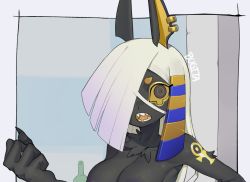 Rule 34 | 1girl, animal ears, ankh, anu (bugita), arm tattoo, bottle, bugita, colored sclera, completely nude, cropped, ear piercing, earrings, egyptian, egyptian clothes, fingernails, grey eyes, grey hair, hair over one eye, jewelry, long fingernails, long hair, nude, open mouth, orange sclera, original, out-of-frame censoring, piercing, scratches, sharp fingernails, sharp teeth, shoulder tattoo, signature, solo, tattoo, teeth, tongue, upper body