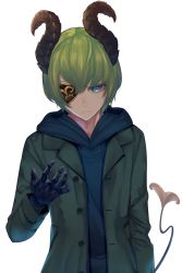 Rule 34 | 1boy, nanashi inc., absurdres, black gloves, black horns, black tail, blue eyes, blue hoodie, buttons, closed mouth, coat, commentary request, demon horns, demon tail, eyepatch, eyes visible through hair, futayamam2, genderswap, genderswap (ftm), gloves, green coat, green hair, hair between eyes, half-closed eyes, hand up, highres, honey strap, hood, hoodie, horns, lapels, looking at viewer, male focus, multicolored tail, notched lapels, one eye covered, open clothes, open coat, open hand, sekishiro mico, short hair, simple background, sleeves past elbows, solo, standing, tail, transparent background, upper body, virtual youtuber, yellow tail