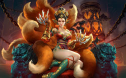 Rule 34 | 1girl, black hair, boots, breasts, chain, chinese clothes, claw (weapon), cleavage, da ji (smite), earrings, facial mark, forehead mark, fox tail, gloves, hair bun, hair ornament, hair stick, jewelry, kitsune, komainu, kyuubi, large breasts, lipstick, makeup, multiple tails, official art, orange eyes, simon eckert, single hair bun, sitting, smite, solo, tail, weapon