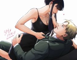 Rule 34 | 1boy, 1girl, bare arms, black dress, black hair, blonde hair, breasts, cleavage, collared shirt, cowboy shot, dress, earrings, girl on top, green jacket, green pants, hair between eyes, hairband, hand on another&#039;s hip, heart, highres, jacket, jacket tug, jewelry, large breasts, looking at another, pants, parted bangs, parted lips, shirt, short hair, short hair with long locks, sidelocks, sleeveless, sleeveless dress, smile, spy x family, suit jacket, twilight (spy x family), twitter username, white background, white shirt, yor briar, yuana