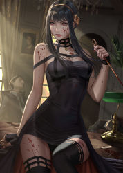 Rule 34 | 1girl, 2boys, bare shoulders, black hair, black thighhighs, blood, blood on arm, blood on clothes, blood on face, blood on hands, blood on leg, breasts, cleavage, commentary, corpse, dagger, death, dress, english commentary, flower, gold hairband, golden rose, hair ornament, hairband, highres, holding, holding weapon, knife, light particles, light rays, medium breasts, multiple boys, nibelart, red eyes, rose, short hair with long locks, signature, spy x family, stiletto (weapon), sunbeam, sunlight, thighhighs, weapon, yor briar