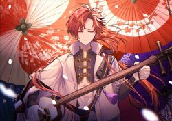 Rule 34 | 1boy, abs, asymmetrical hair, closed eyes, earrings, fate/grand order, fate (series), holding, holding instrument, instrument, jewelry, long hair, multicolored hair, oil-paper umbrella, open mouth, parted bangs, ponytail, poshi00, red hair, shamisen, smile, streaked hair, takasugi shinsaku (fate), tassel, traditional clothes, two-tone hair, umbrella, very long hair