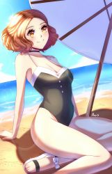 Rule 34 | 1girl, anisdrawn, bare shoulders, beach, breasts, brown eyes, brown hair, cleavage, highres, looking at viewer, medium breasts, okumura haru, one-piece swimsuit, persona, persona 5, smile, solo, swimsuit, thighs