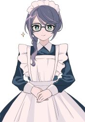 &gt;:) 1girl alternate_costume apron black-framed_eyewear black_dress bright_pupils closed_mouth collared_dress commentary cowboy_shot dress enmaided frilled_apron frills glasses green_eyes highres hoshimi_junna hosikuzu125 light_blush long_hair long_sleeves looking_at_viewer low_ponytail maid maid_headdress own_hands_together purple_hair shoujo_kageki_revue_starlight side_ponytail simple_background solo sparkle standing v-shaped_eyebrows white_apron white_background white_pupils