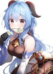 Rule 34 | 1girl, absurdres, ahoge, bare shoulders, bell, black gloves, blue hair, blush, bodysuit, bodysuit under clothes, breasts, brown bodysuit, commentary, cowbell, detached sleeves, flower, flower in mouth, flower knot, flying sweatdrops, g home, ganyu (genshin impact), genshin impact, gloves, goat horns, hand up, highres, holding, holding flower, horns, long hair, long sleeves, looking at viewer, medium breasts, purple eyes, solo, very long hair, vision (genshin impact), white background