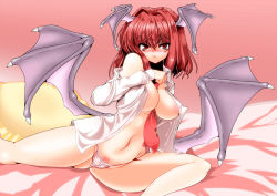 Rule 34 | 1girl, bare shoulders, bat wings, bed, between breasts, blush, breasts, covered erect nipples, embodiment of scarlet devil, female focus, female pubic hair, head wings, huge breasts, koakuma, navel, necktie, no pants, off shoulder, open clothes, open shirt, panties, pubic hair, red eyes, red hair, red necktie, shirt, short hair, shoushinmono, solo, striped clothes, striped panties, tanaka ginji, touhou, underwear, white shirt, wings