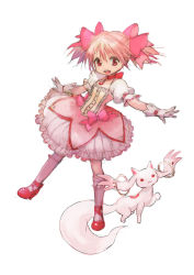 Rule 34 | 10s, 1girl, bad id, bad pixiv id, bubble skirt, choker, gloves, kaname madoka, kyubey, magical girl, mahou shoujo madoka magica, mahou shoujo madoka magica (anime), open mouth, outstretched arms, pink eyes, pink hair, puffy sleeves, shoes, short hair, short twintails, simple background, skirt, spread arms, standing, standing on one leg, tomatika, twintails