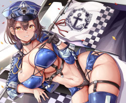 Rule 34 | 1girl, azur lane, baltimore (azur lane), baltimore (finish line flagbearer) (azur lane), bikini, black choker, black gloves, blue bikini, blue hat, blue jacket, blue thighhighs, blush, breasts, brown hair, choker, commentary request, flag, gloves, hat, highres, himuro shunsuke, jacket, large breasts, long sleeves, navel, official alternate costume, parted lips, race queen, short hair, single glove, smile, solo, swimsuit, teeth, thighhighs, thighs, underboob