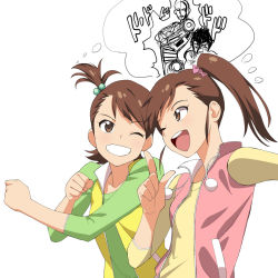 Rule 34 | 2girls, :d, a1 (initial-g), brown eyes, brown hair, clenched hand, clenched hands, futami ami, futami mami, grin, hair bobbles, hair ornament, idolmaster, idolmaster (classic), multiple girls, one eye closed, one side up, open mouth, short hair, siblings, side ponytail, simple background, sisters, smile, thought bubble, twins, wink