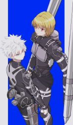 Rule 34 | 2boys, black pants, black shirt, blonde hair, blue background, blue eyes, bob cut, cable, chest guard, commentary, cosplay, dual wielding, english commentary, feet out of frame, from above, from side, frown, harness, highres, holding, holding weapon, hunter x hunter, killua zoldyck, kurapika, long sleeves, looking at viewer, looking away, looking to the side, male focus, multiple boys, outside border, pants, paradis military uniform, red eyes, shingeki no kyojin, shirt, short hair, standing, tank (container), thigh strap, three-dimensional maneuver gear, tongyannn, weapon