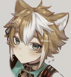 Rule 34 | 1boy, animal ears, armor, artist name, black collar, blush, brown hair, closed mouth, collar, commentary request, cropped shoulders, dog ears, eyeshadow, genshin impact, gorou (genshin impact), green eyes, grey background, hair between eyes, hair ornament, highres, japanese clothes, looking at viewer, makeup, male focus, multicolored hair, paw print, portrait, red eyeshadow, short hair, shoulder armor, sidelocks, solo, streaked hair, tassel, twitter username, upper body, white hair, woooi