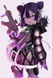 Rule 34 | 1girl, absurdres, assault rifle, black hair, carbine, folding stock, girls&#039; frontline, gloves, gun, hair between eyes, highres, holding, holding weapon, kac-pdw (girls&#039; frontline), multicolored hair, panties, personal defense weapon, purple gloves, purple hair, rifle, solo, stock (firearm), submachine gun, tongue, tongue out, underwear, vertical forward grip, weapon