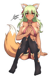 Rule 34 | 1girl, absurdres, airisubaka, animal ears, arm support, artist name, bare shoulders, black thighhighs, blush, borrowed character, breasts, brown eyes, collarbone, commission, dark-skinned female, dark skin, fox ears, fox girl, fox tail, full body, green hair, halterneck, highres, large breasts, long hair, looking at viewer, o-ring, o-ring top, original, parted lips, signature, sitting, solo, tail, thighhighs, torn clothes, torn thighhighs
