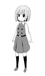 Rule 34 | 10s, 1girl, greyscale, magokorokurage, monochrome, school uniform, short hair, simple background, smile, solo, tamako market, tokiwa midori