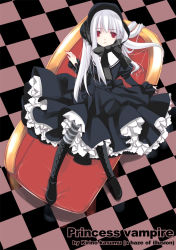 Rule 34 | 1girl, albino, black dress, bonnet, boots, bow, checkered background, cross-laced footwear, dress, frills, from above, goth fashion, kirino kasumu, lace-up boots, long hair, nail polish, original, pantyhose, pink nails, red eyes, sitting, solo, striped clothes, striped pantyhose, very long hair, white hair
