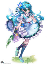 Rule 34 | 1girl, :q, absurdres, black-framed eyewear, black gloves, black socks, blue dress, blue flower, blue hair, capelet, closed mouth, commentary, dress, fingerless gloves, fingernails, flower, frilled dress, frills, gloves, green eyes, green footwear, hair flower, hair ornament, hairband, highres, holding, kneehighs, kyjsogom, long hair, looking at viewer, nail polish, original, pink nails, purple flower, see-through, shoes, simple background, single glove, smile, socks, solo, standing, standing on one leg, sunglasses, tongue, tongue out, very long hair, watermark, web address, white background, white capelet