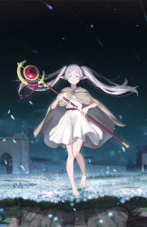 Rule 34 | 1girl, absurdres, barefoot, belt, black belt, brown cloak, cloak, closed eyes, commentary, dress, facing viewer, falling, field, floating, flower, flower field, frieren, full body, grey hair, highres, holding, holding staff, house, long hair, night, night sky, outdoors, parted lips, pointy ears, shooting star, sky, solo, sousou no frieren, staff, star (sky), starry sky, tooku0, twintails, white dress