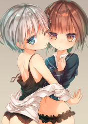 Rule 34 | 10s, 2girls, ass, back, bare shoulders, beige background, black panties, blue eyes, blush, breasts, brown eyes, brown hair, cheek-to-cheek, closed mouth, eyebrows, frilled panties, frills, garter belt, groin, heads together, kantai collection, long sleeves, looking at viewer, multiple girls, navel, no pants, off shoulder, one-piece swimsuit, one eye closed, panties, sailor collar, shirt, short hair, silver hair, simple background, sleeves rolled up, small breasts, smile, strap slip, sune (mugendai), suneo, swimsuit, swimsuit under clothes, underwear, upper body, white shirt, z1 leberecht maass (kancolle), z3 max schultz (kancolle)