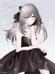 Rule 34 | 1girl, 707arisu, artist name, bare shoulders, black choker, black dress, black gloves, black ribbon, blush, breasts, character name, choker, closed mouth, dress, expressionless, eyeliner, feet out of frame, formal, gloves, grey hair, hair between eyes, hair ribbon, half gloves, hand on own cheek, hand on own face, head rest, highres, honkai: star rail, honkai (series), jewelry, knees together feet apart, long hair, looking at viewer, makeup, medium breasts, necklace, red eyeliner, ribbon, simple background, sitting, solo, stelle (honkai: star rail), straight-on, strapless, strapless dress, trailblazer (honkai: star rail), white background, yellow eyes