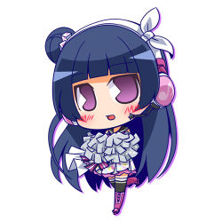 Rule 34 | 1girl, :o, artist name, artist request, bare shoulders, black legwear, blue hair, blush, bow, cheerleader, chibi, collarbone, cross-laced footwear, dice hair ornament, fang, female focus, full body, grey sailor collar, hair bow, hair bun, hair ornament, hair ribbon, hairband, headphones, headset, heart, holding, holding pom poms, long hair, looking at viewer, love live!, love live! school idol festival, love live! sunshine!!, lowres, midriff, miniskirt, navel, neckerchief, parted lips, pink footwear, pink neckerchief, pink skirt, polka dot, polka dot skirt, pom pom (cheerleading), pom poms, print skirt, purple eyes, red eyes, ribbon, sailor collar, shirt, shoes, side bun, single hair bun, skirt, sleeveless, sleeveless shirt, smile, solo, standing, standing on one leg, striped, striped bow, suntail, tsushima yoshiko, two-tone skirt, white background, white bow, white hairband, white ribbon, white shirt, white skirt, wristband