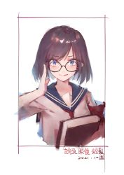 Rule 34 | 1girl, absurdres, blue eyes, blue sailor collar, blush, book, brown hair, chinese text, closed mouth, commentary request, dated, glasses, hand up, highres, holding, holding book, licking lips, looking at viewer, neckerchief, original, red neckerchief, sailor collar, school uniform, serafuku, shirt, short hair, simple background, smile, solo, tongue, tongue out, translation request, upper body, white background, white shirt, wudiyishileiyu