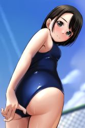 Rule 34 | 1girl, absurdres, ass, bare shoulders, black hair, blue one-piece swimsuit, blue sky, blurry, blurry background, blush, breasts, brown eyes, clothes pull, cloud, commentary request, cowboy shot, day, from below, full-face blush, highres, looking at viewer, matsunaga kouyou, one-piece swimsuit, one-piece swimsuit pull, original, school swimsuit, short hair, sky, smile, solo, standing, swept bangs, swimsuit