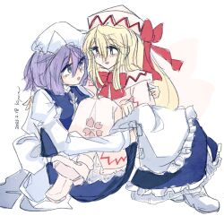 Rule 34 | 2girls, apron, artist name, blonde hair, blue eyes, blue hair, dated, hat, highres, koyane (silver81106), letty whiterock, lily pad, long hair, looking at another, medium hair, multiple girls, on ground, signature, sitting, touhou, triangular headpiece, waist apron, white apron, white background