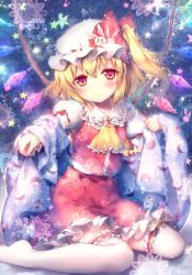 Rule 34 | 1girl, ascot, blanket, blonde hair, bow, brooch, flandre scarlet, frilled thighhighs, frills, hat, hat bow, head tilt, jewelry, mob cap, puffy short sleeves, puffy sleeves, rabbit, riichu, shirt, short sleeves, side ponytail, sitting, skirt, skirt set, smile, solo, star (symbol), thighhighs, touhou, vest, wariza, white thighhighs, wings, zettai ryouiki