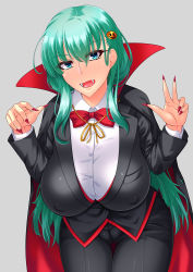 Rule 34 | 1girl, aqua eyes, black pants, black suit, bow, bowtie, breasts, fangs, formal, green hair, hair ornament, halloween costume, huge breasts, jack-o&#039;-lantern, jack-o&#039;-lantern hair ornament, kantai collection, leaning forward, long hair, long sleeves, oniku (kusomushi onick), pants, red bow, red bowtie, shirt, solo, suit, suzuya (kancolle), traditional bowtie, vampire costume, very long hair, white shirt