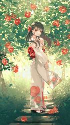 Rule 34 | 1girl, absurdres, black hair, bow, day, finger to mouth, floral print, flower, full body, hair bow, half updo, highres, index finger raised, japanese clothes, kimono, leaf, long hair, long sleeves, looking at viewer, original, outdoors, red bow, red eyes, sandals, scenery, standing, sunlight, toumin (onemunemu99), white kimono, white legwear