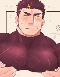 Rule 34 | 1boy, bara, black hair, blush, bouncing pecs, cropped torso, facial hair, fire, flaming halo, flying sweatdrops, halo, heart, large pectorals, looking away, male focus, mature male, motion lines, muscular, muscular male, pectoral focus, pectoral lift, pectorals, po fu, short hair, shy, sideburns, solo, spiked hair, stubble, sweatdrop, tokyo houkago summoners, translation request, yellow eyes, zabaniyya (housamo)