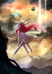 Rule 34 | 1girl, :o, barefoot, castle, child of light (game), cloud, crown, floating island, flying, full body, highres, holding, holly (artist), igniculus, long hair, mashiro kiichi, outdoors, pink hair, princess aurora, profile, scenery, short sleeves, silhouette, sword, weapon, wings
