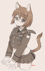 Rule 34 | 1girl, animal ears, blush, brown theme, cat ears, cat tail, closed mouth, cowboy shot, crop top, cropped legs, cropped shirt, ebifly, glasses, grey background, highres, jacket, long sleeves, looking at viewer, medium hair, midriff, miniskirt, monochrome, original, pleated skirt, simple background, skirt, smile, solo, tail, twitter username