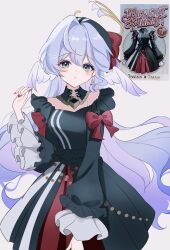 alternate_costume black_dress blue_hair breasts cowboy_shot detached_collar dress earrings frilled_sleeves frills green_eyes hair_between_eyes halo head_wings highres honkai:_star_rail honkai_(series) jewelry long_hair long_sleeves looking_at_viewer medium_breasts robin_(honkai:_star_rail) shino_(uqwjl) simple_background single_earring solo two-tone_dress white_wings wings