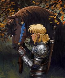 Rule 34 | 1boy, absurdres, alternate costume, armor, blonde hair, earrings, fingerless gloves, from side, gloves, hair pulled back, highres, jewelry, leaf, link, male focus, malin falch, medium hair, nintendo, outdoors, pointy ears, profile, scale armor, solo, sword, the legend of zelda, the legend of zelda: breath of the wild, tree, weapon