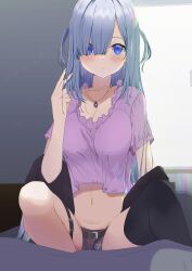 Rule 34 | 1girl, absurdres, belt, black thighhighs, blue eyes, blue hair, blunt bangs, blush, breasts, cleavage, collarbone, crop top, day, female focus, frilled shirt, frills, hair over one eye, hand up, highres, hiiragi shouichi, indoors, jewelry, lace, lace panties, large breasts, long hair, looking at viewer, navel, necklace, on bed, open mouth, original, panties, pantyshot, playing with own hair, purple panties, purple shirt, purple shorts, shirt, short shorts, short sleeves, shorts, sidelocks, single thighhigh, sitting, solo, stomach, thigh strap, thighhighs, two side up, underwear, upshorts, very long hair, window