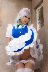 Rule 34 | asian, clothes lift, cosplay, dress, female focus, highres, izayoi sakuya, izayoi sakuya (cosplay), lenfried, panties, photo (medium), silver hair, skirt, skirt lift, stained glass, touhou, underwear, window
