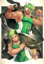 Rule 34 | 1boy, bara, bare arms, black hair, bulge, collarbone, covered abs, covered erect nipples, covered navel, dark-skinned male, dark skin, facial hair, goatee, gozu farm, green eyes, green hair, highres, holding, holding microphone, horned mask, ikusaba daisuke, jacket, jacket on shoulders, large pectorals, male focus, mask, unworn mask, microphone, multicolored hair, multiple views, muscular, pectorals, short hair, sideburns, skin tight, taurus mask, thick thighs, thighs, tight clothes, tokyo houkago summoners, two-tone hair, upper body, wrestling mask, wrestling outfit