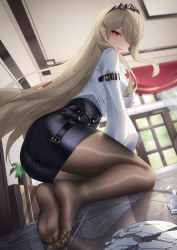 Rule 34 | 1girl, absurdres, ass, black pantyhose, black skirt, blonde hair, blush, breasts, broken plate, chinese commentary, commentary request, feet, from side, hair over one eye, highres, honkai (series), honkai impact 3rd, indoors, kneeling, large breasts, long hair, long sleeves, looking at viewer, one eye covered, pantyhose, parted lips, plate, purple eyes, rita rossweisse, rita rossweisse (fallen rosemary), shattered, shirt, shirt tucked in, skirt, smile, soles, thighs, toes, white shirt, wu ganlan cai