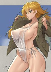 Rule 34 | 1girl, blonde hair, breasts, cameltoe, covered erect nipples, dan kanemitsu, green eyes, hair between eyes, hannelore kummel, jacket, large breasts, lips, long hair, medium breasts, mikoyan, open clothes, open jacket, parted lips, revealing clothes, see-through, shiny skin, sideboob, solo, standing, strike witches, strike witches (lionheart witch), sweat, world witches series