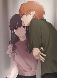 Rule 34 | 1boy, 1girl, absurdres, artist name, brown eyes, brown hair, commentary request, ear piercing, earrings, green eyes, green shirt, highres, jewelry, long hair, looking at another, official alternate hair length, official alternate hairstyle, orange hair, piercing, pink shirt, project sekai, sa tsuko, scowl, shinonome akito, shinonome ena, shirt, short hair, siblings, swept bangs