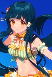 Rule 34 | 1girl, absurdres, blue background, blue hair, blush, breasts, brown eyes, cleavage, closed mouth, cropped shirt, detached collar, flower, gem, gradient background, hair flower, hair ornament, highres, idolmaster, idolmaster million live!, idolmaster million live! theater days, jewelry, kitakami reika, long hair, looking at viewer, low twintails, medium breasts, midriff, multicolored ribbon, multicolored shirt, navel, outstretched arms, pearl (gemstone), polka dot, polka dot skirt, ribbon, sash, scrunchie, shirt, simple background, skirt, smile, solo, striped clothes, striped shirt, sunflower, twintails, uso (ameuzaki), very long hair, yellow collar, yellow skirt