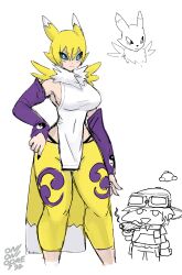 Rule 34 | absurdres, digimon, digimon (creature), gloves, goggles, goggles on head, hat, highres, looking at viewer, personification, renamon