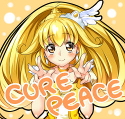 Rule 34 | 10s, 1girl, blonde hair, blush, choker, cure peace, double v, dress, earrings, hair flaps, jewelry, kise yayoi, long hair, looking at viewer, magical girl, piromizu, ponytail, precure, skirt, smile, smile precure!, solo, v, wrist cuffs, yellow dress, yellow eyes, yellow skirt, yellow theme